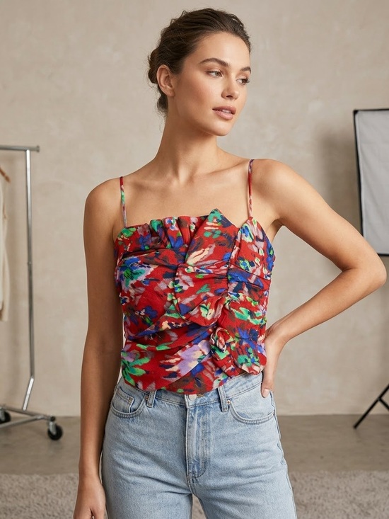 Zara Tops - Zara Multicolor Floral Ruched Spaghetti-Strap Top cropped xsmall red blue